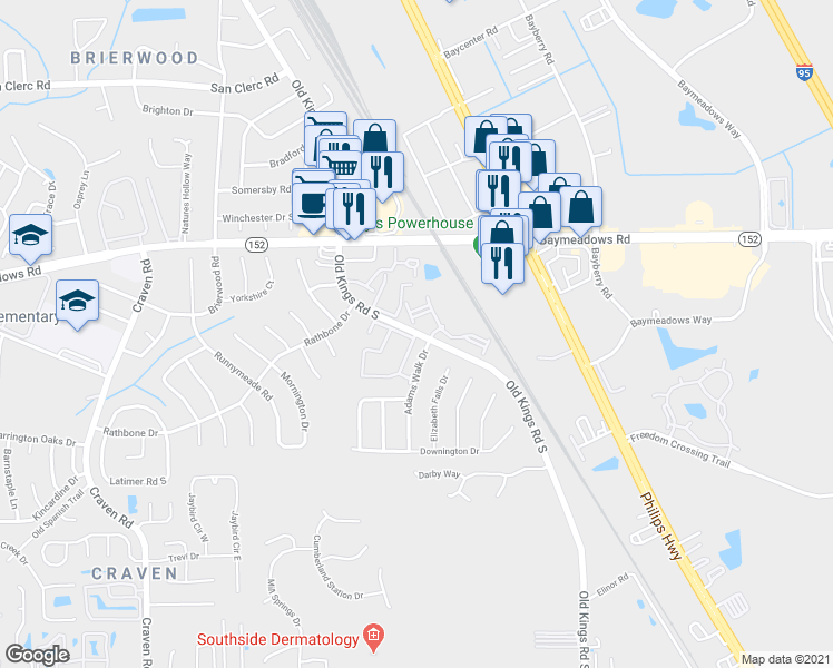 map of restaurants, bars, coffee shops, grocery stores, and more near 8888 Old Kings Road South in Jacksonville