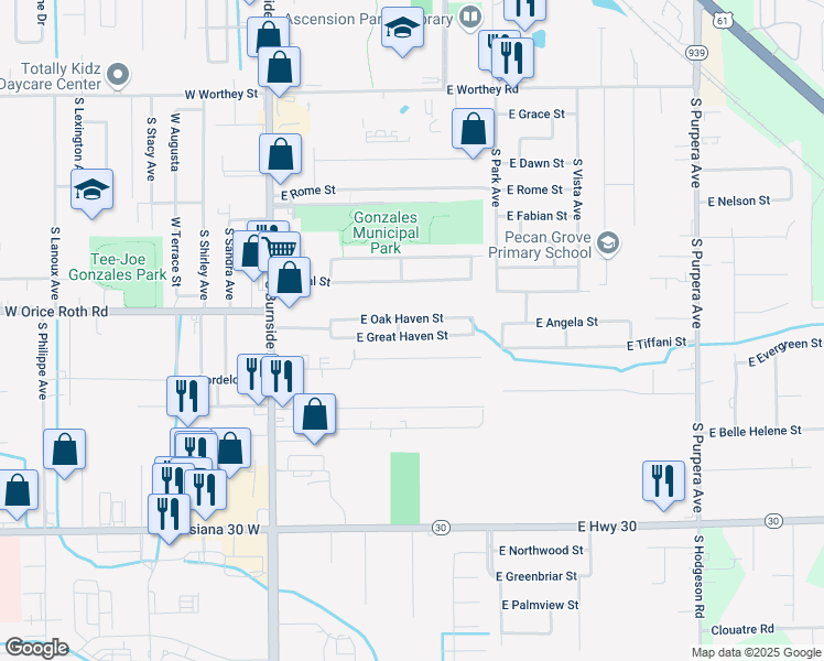 map of restaurants, bars, coffee shops, grocery stores, and more near 610 East Great Haven Street in Gonzales