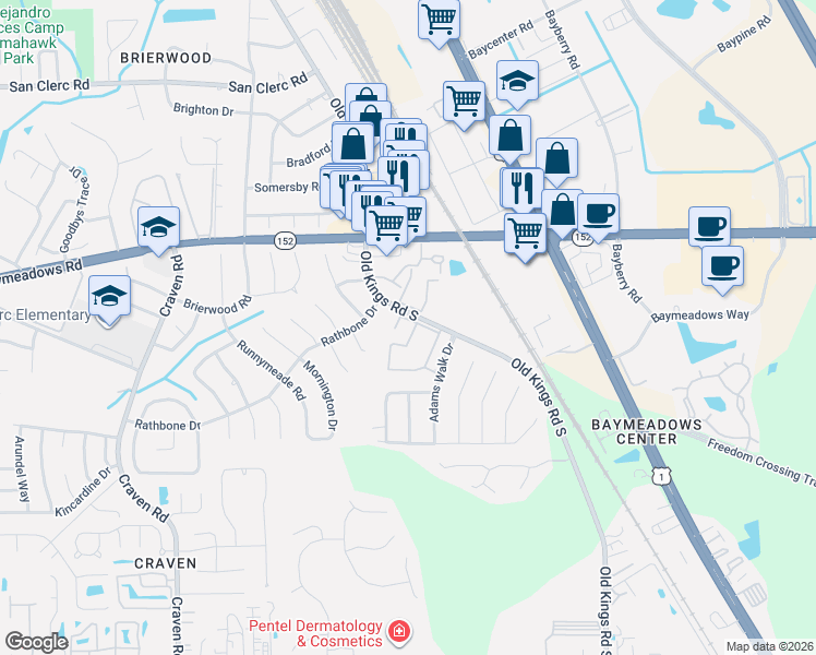 map of restaurants, bars, coffee shops, grocery stores, and more near 65-68 8880-3 Old Kings Ap in Jacksonville