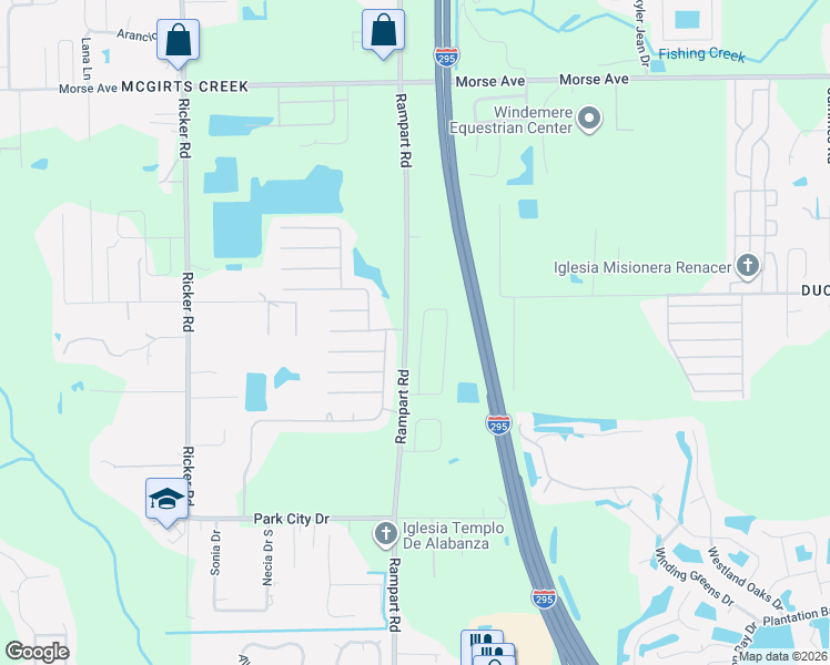 map of restaurants, bars, coffee shops, grocery stores, and more near Rampart Road in Jacksonville