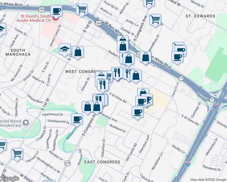 map of restaurants, bars, coffee shops, grocery stores, and more near 4361 South Congress Avenue in Austin