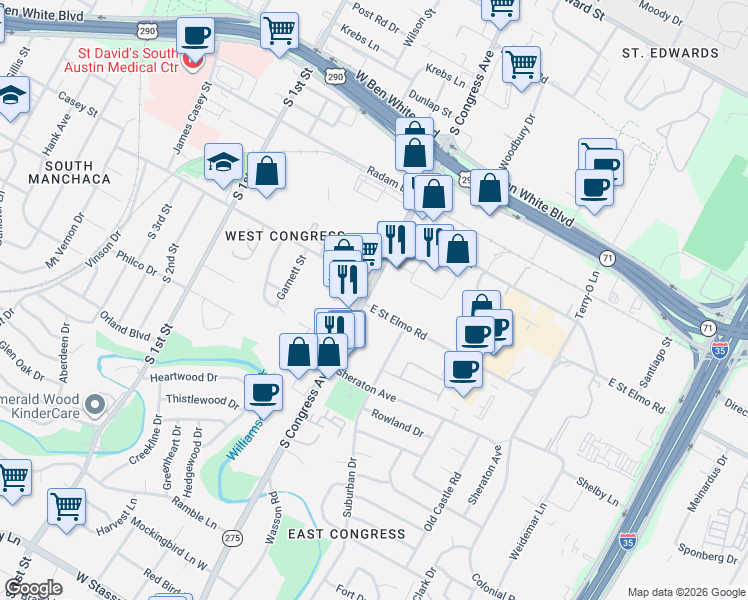 map of restaurants, bars, coffee shops, grocery stores, and more near 4361 South Congress Avenue in Austin
