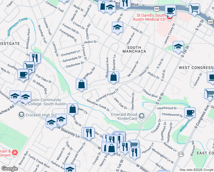 map of restaurants, bars, coffee shops, grocery stores, and more near 5010 Emerald Forest Circle in Austin