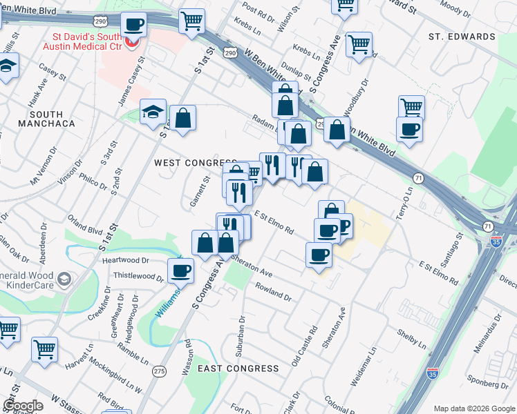 map of restaurants, bars, coffee shops, grocery stores, and more near 4361 South Congress Avenue in Austin