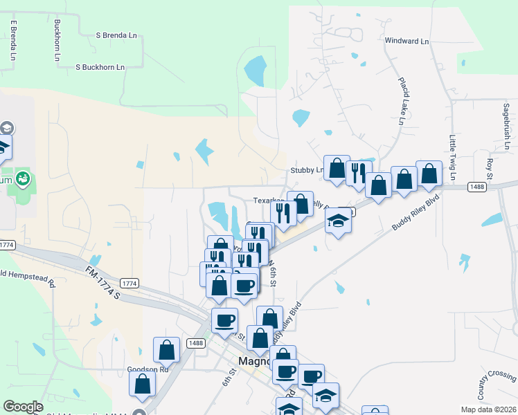 map of restaurants, bars, coffee shops, grocery stores, and more near 315 Beaumont Drive in Magnolia