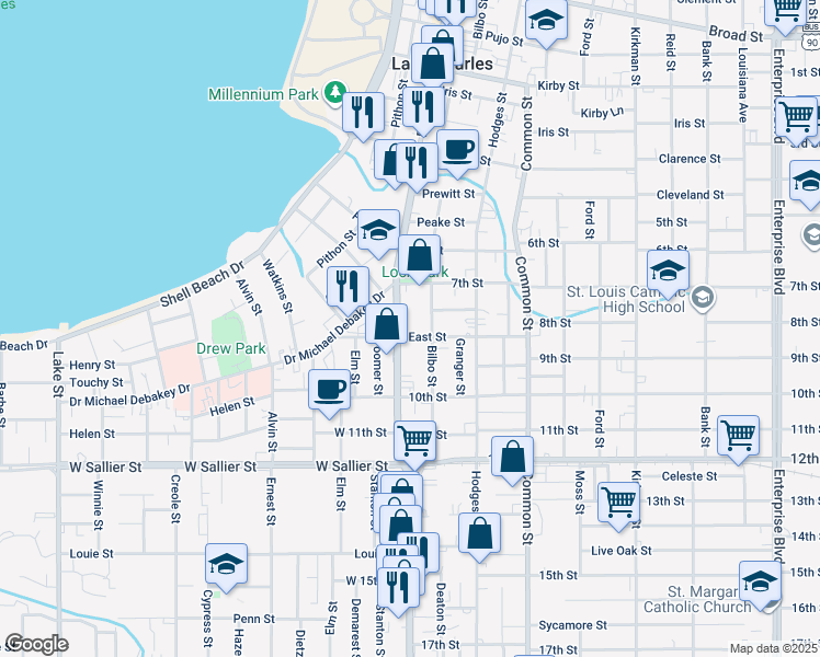 map of restaurants, bars, coffee shops, grocery stores, and more near 1639 Ryan Street in Lake Charles