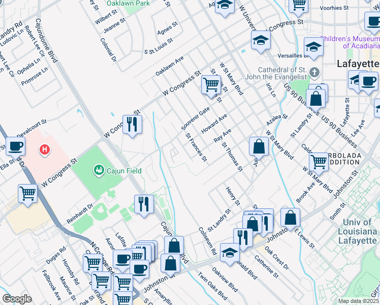 map of restaurants, bars, coffee shops, grocery stores, and more near 508 Saint Camille Street in Lafayette