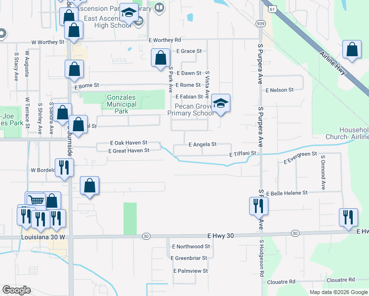 map of restaurants, bars, coffee shops, grocery stores, and more near 1105 East Angela Street in Gonzales