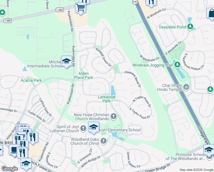 map of restaurants, bars, coffee shops, grocery stores, and more near 22 Wrens Song Place in Spring