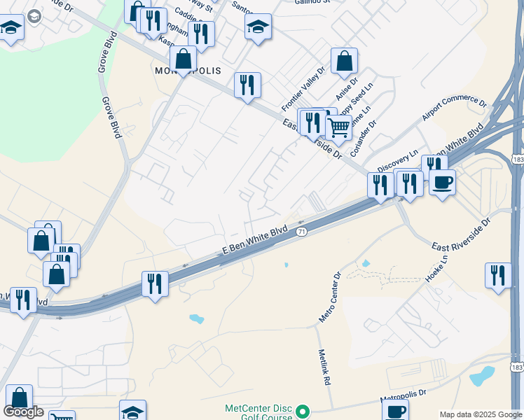 map of restaurants, bars, coffee shops, grocery stores, and more near 2109 Hermia Street in Austin