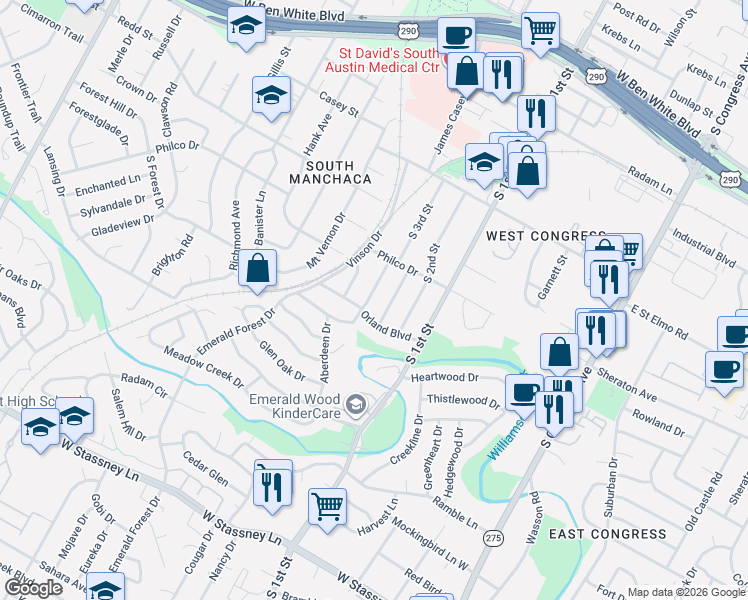 map of restaurants, bars, coffee shops, grocery stores, and more near 4617 Englewood Drive in Austin