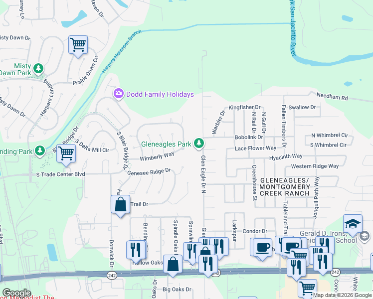 map of restaurants, bars, coffee shops, grocery stores, and more near 16816 Glen Eagle Drive North in Conroe