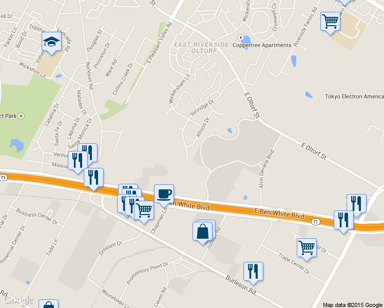 map of restaurants, bars, coffee shops, grocery stores, and more near 3030 Sunridge Drive in Austin