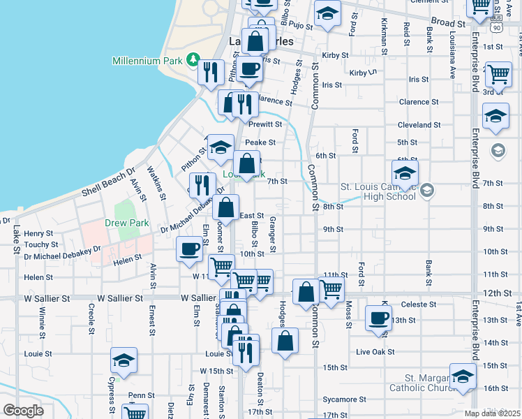 map of restaurants, bars, coffee shops, grocery stores, and more near 405 East Street in Lake Charles