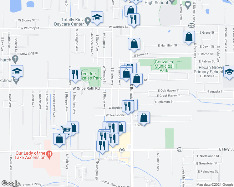 map of restaurants, bars, coffee shops, grocery stores, and more near 1921 South Gaudin Avenue in Gonzales