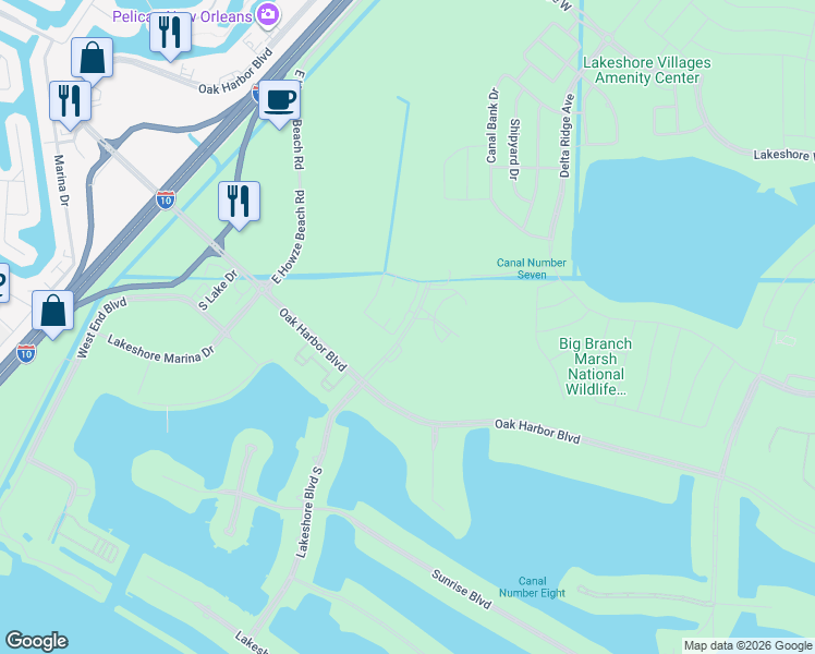 map of restaurants, bars, coffee shops, grocery stores, and more near Lakeshore Boulevard in Slidell