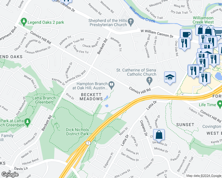 map of restaurants, bars, coffee shops, grocery stores, and more near 5125 Convict Hill Road in Austin
