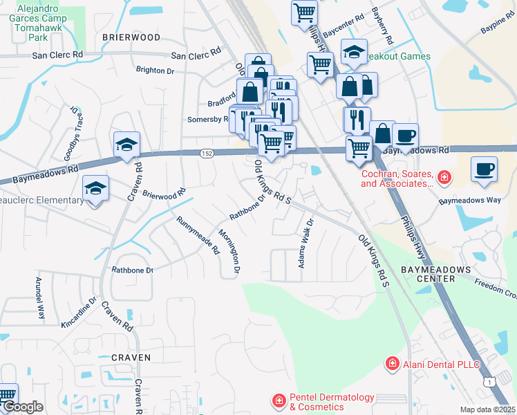 map of restaurants, bars, coffee shops, grocery stores, and more near 5162 Rathbone Drive in Jacksonville