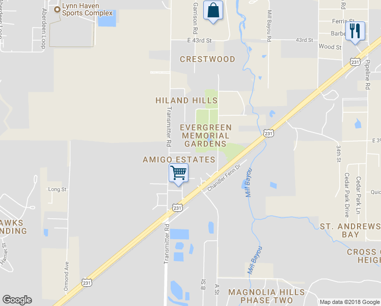 map of restaurants, bars, coffee shops, grocery stores, and more near 3598 Brooke Lane in Panama City
