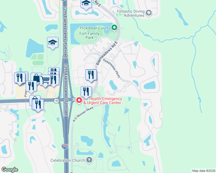map of restaurants, bars, coffee shops, grocery stores, and more near 9831 Del Webb Parkway in Jacksonville