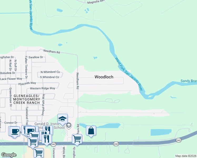 map of restaurants, bars, coffee shops, grocery stores, and more near 2621 North Woodloch Street in Conroe