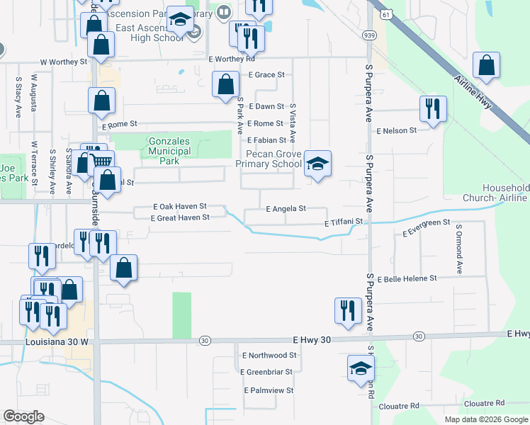 map of restaurants, bars, coffee shops, grocery stores, and more near 1105 East Angela Street in Gonzales