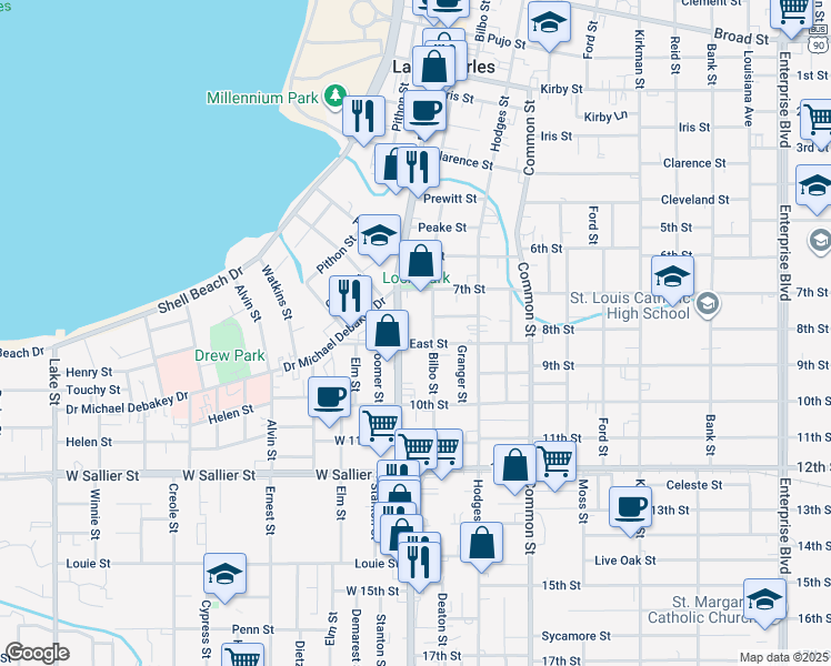 map of restaurants, bars, coffee shops, grocery stores, and more near 1639 Ryan Street in Lake Charles