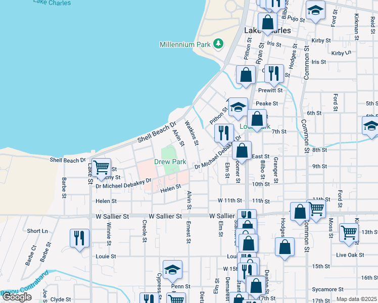 map of restaurants, bars, coffee shops, grocery stores, and more near 1620 Watkins St in Lake Charles