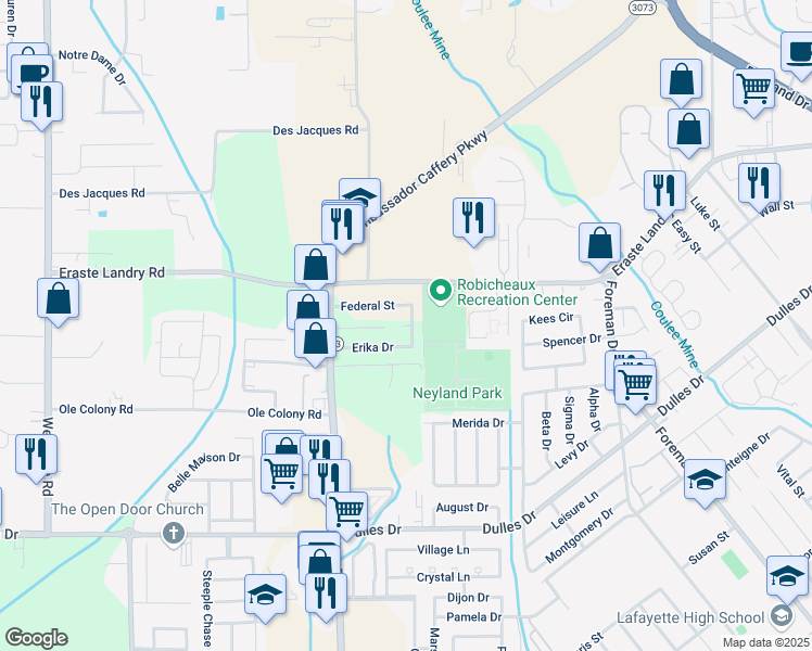 map of restaurants, bars, coffee shops, grocery stores, and more near 104 Jackie Circle in Lafayette