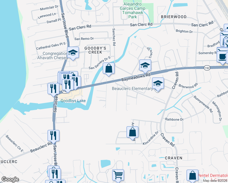 map of restaurants, bars, coffee shops, grocery stores, and more near 8908 San Rae Road in Jacksonville