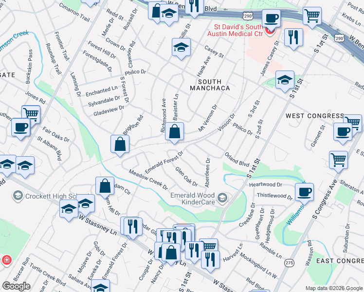 map of restaurants, bars, coffee shops, grocery stores, and more near 4801 Emerald Forest Drive in Austin