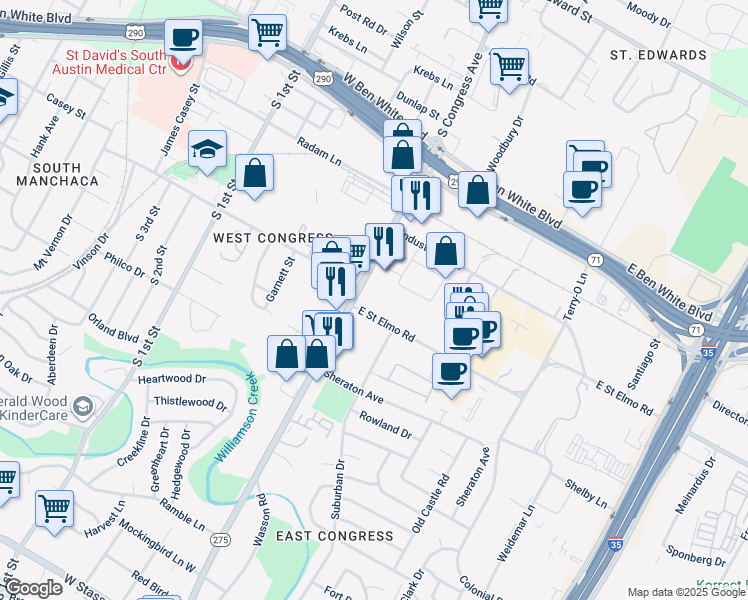 map of restaurants, bars, coffee shops, grocery stores, and more near 4361 South Congress Avenue in Austin