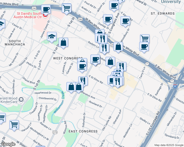 map of restaurants, bars, coffee shops, grocery stores, and more near 4361 South Congress Avenue in Austin