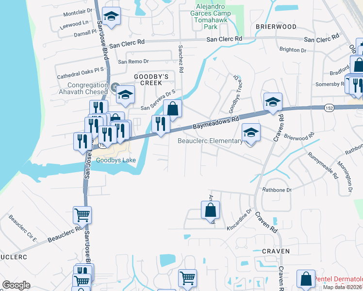 map of restaurants, bars, coffee shops, grocery stores, and more near 8908 San Rae Road in Jacksonville