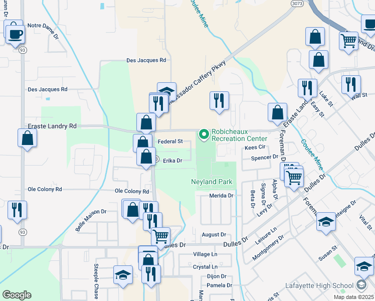 map of restaurants, bars, coffee shops, grocery stores, and more near 104 Jackie Circle in Lafayette