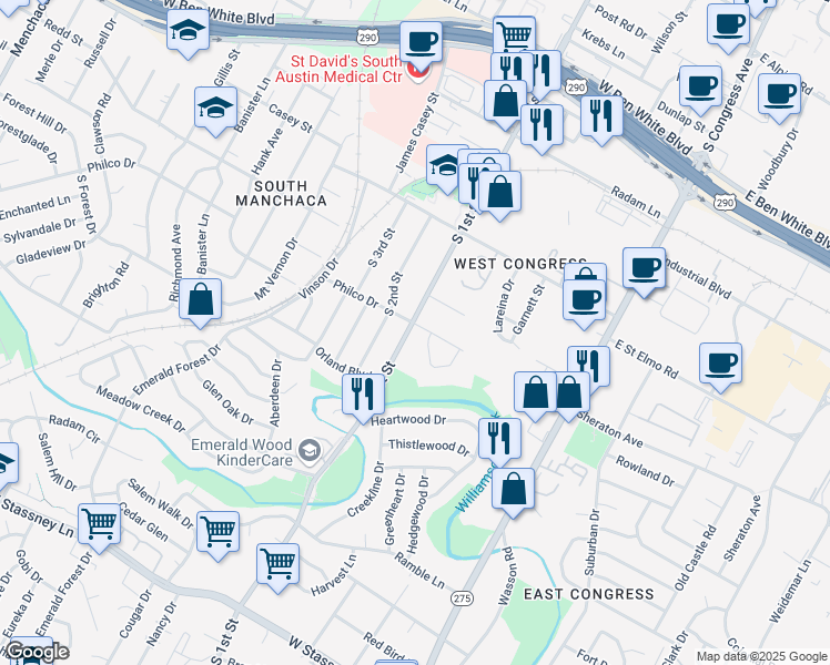 map of restaurants, bars, coffee shops, grocery stores, and more near 503 Philco Drive in Austin