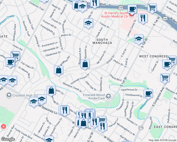 map of restaurants, bars, coffee shops, grocery stores, and more near 4801 Emerald Forest Drive in Austin