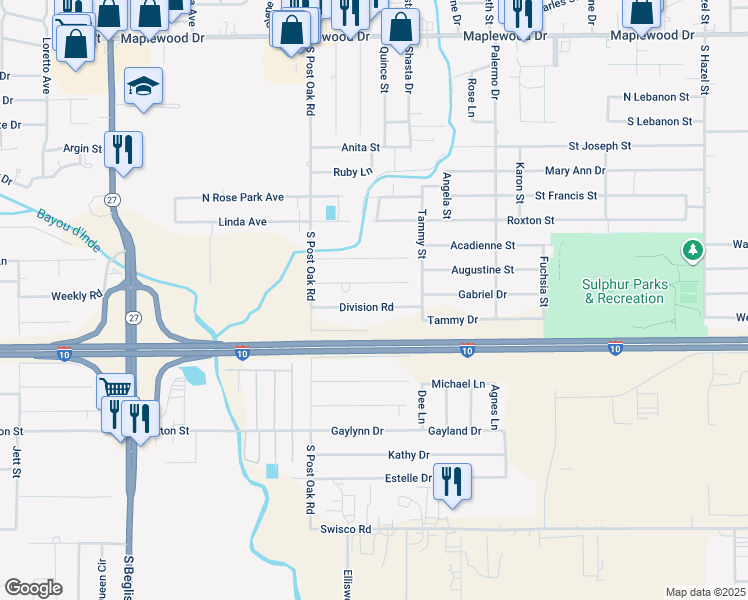 map of restaurants, bars, coffee shops, grocery stores, and more near 2211 Division Rd in Sulphur