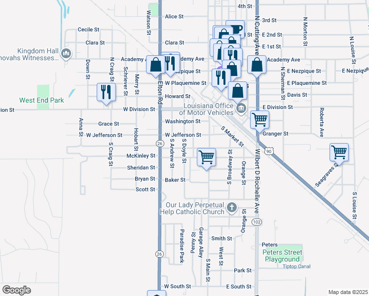 map of restaurants, bars, coffee shops, grocery stores, and more near 299 W Madison St in Jennings