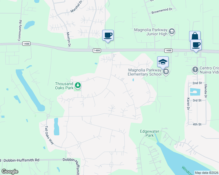 map of restaurants, bars, coffee shops, grocery stores, and more near 12026 Red Oak Court in Magnolia