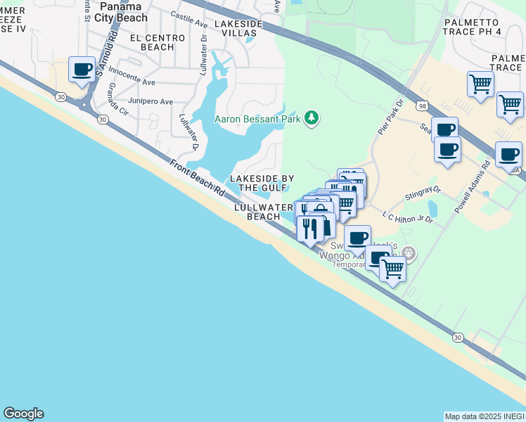 map of restaurants, bars, coffee shops, grocery stores, and more near 16328 Front Beach Road in Panama City Beach