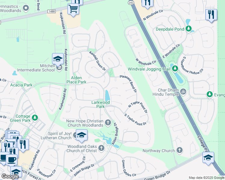 map of restaurants, bars, coffee shops, grocery stores, and more near 23 Cypress Lake Place in Spring