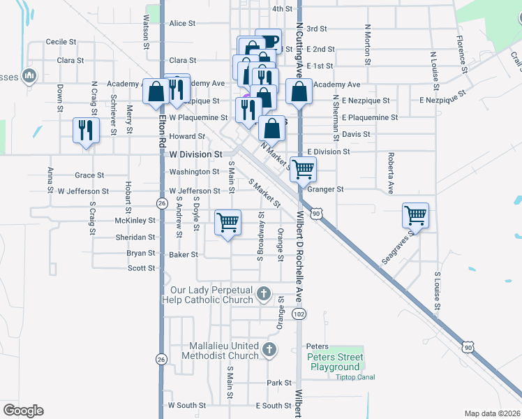 map of restaurants, bars, coffee shops, grocery stores, and more near 201 East Madison Street in Jennings