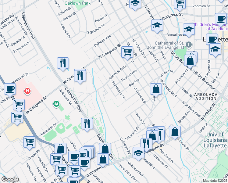 map of restaurants, bars, coffee shops, grocery stores, and more near 508 St Camille St in Lafayette