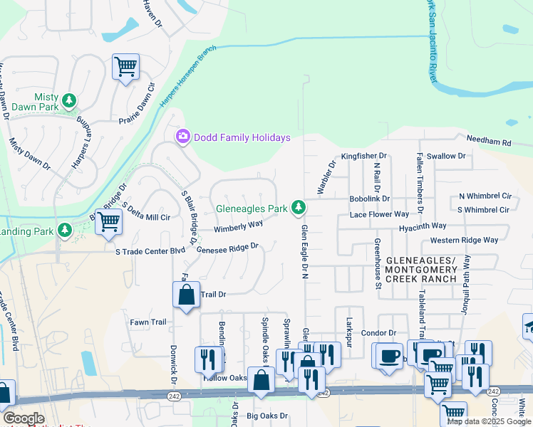 map of restaurants, bars, coffee shops, grocery stores, and more near 2 Terrell Trail Court in Conroe