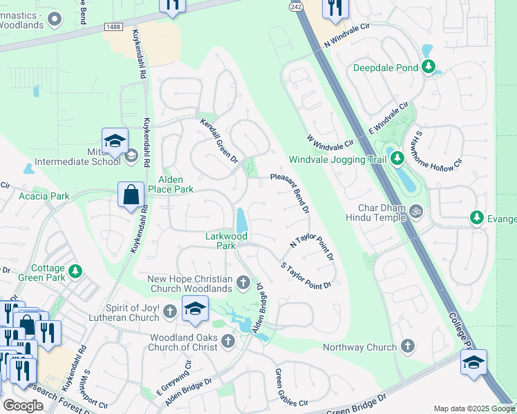 map of restaurants, bars, coffee shops, grocery stores, and more near 23 Cypress Lake Place in Spring