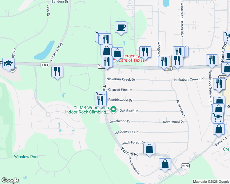 map of restaurants, bars, coffee shops, grocery stores, and more near 7503 Charred Pine Drive in Magnolia