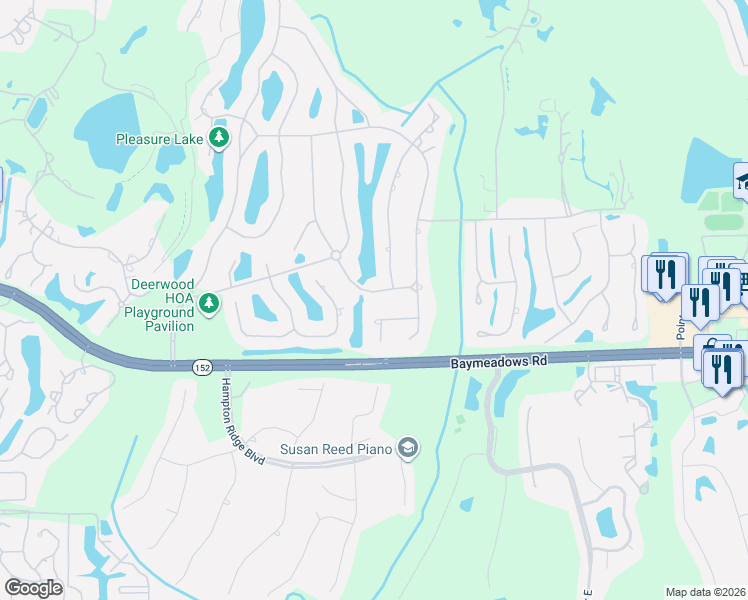 map of restaurants, bars, coffee shops, grocery stores, and more near 8271 Shady Grove Court in Jacksonville