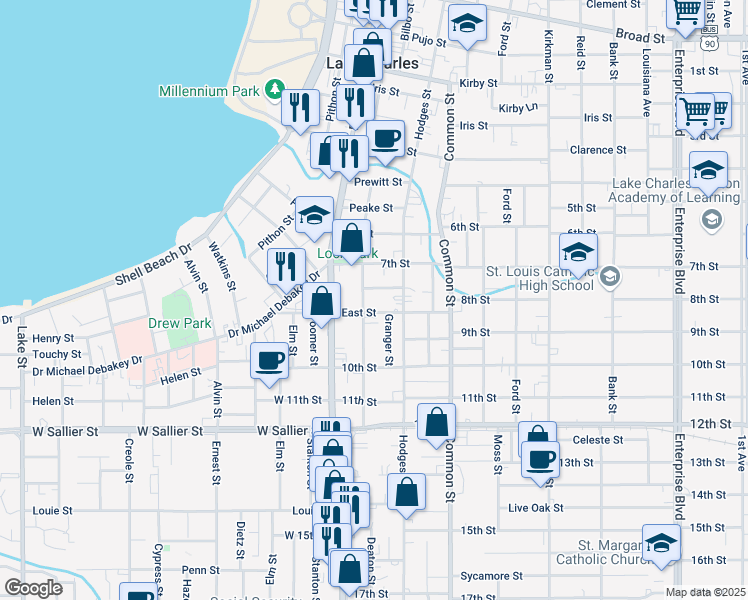 map of restaurants, bars, coffee shops, grocery stores, and more near 405 East Street in Lake Charles
