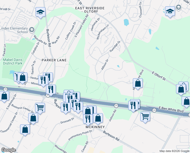 map of restaurants, bars, coffee shops, grocery stores, and more near 3030 Sunridge Drive in Austin